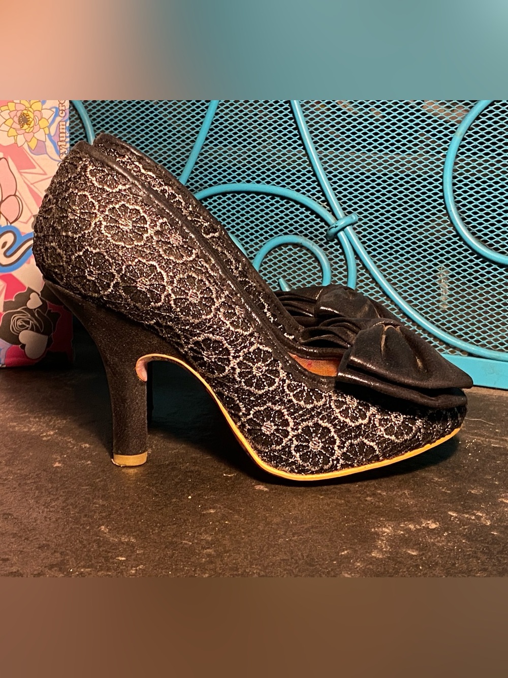 Irregular Choice Mal E Bow pumps in box, black silver lace,bows,8 - Picture 6 of 16